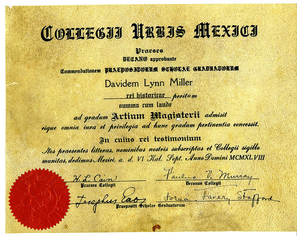 Diploma by Millermz at English Wikipedia [GFDL (http://www.gnu.org/copyleft/fdl.html), CC-BY-SA-3.0 (https://creativecommons.org/licenses/by-sa/3.0/) or CC BY-SA 2.5-2.0-1.0 (https://creativecommons.org/licenses/by-sa/2.5-2.0-1.0)], via Wikimedia Commons